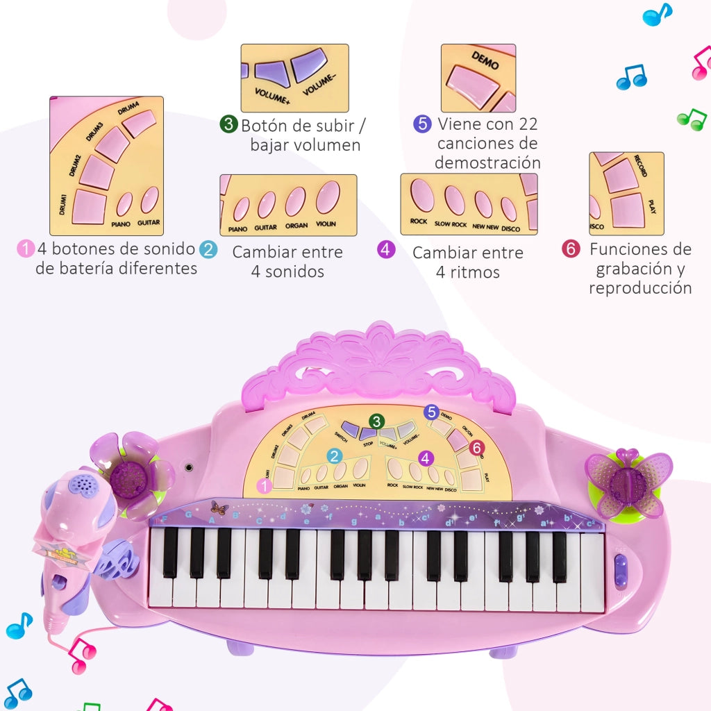 Piano Giocattolo per Bambini con Microfono e Sgabello ¨C Zephmum ¨C Rosa