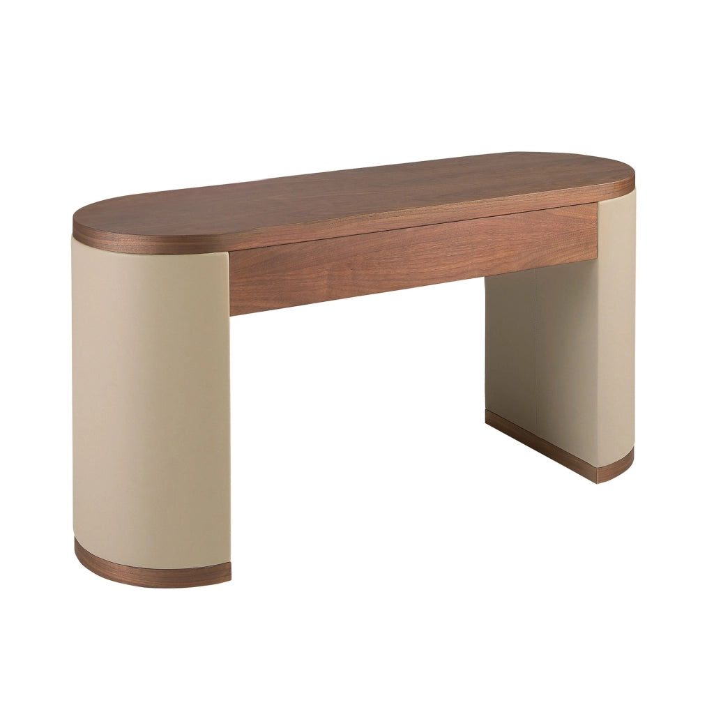 Scrittoio-toeletta in ecopelle, noce e legno rivestito in ecopelle color visone