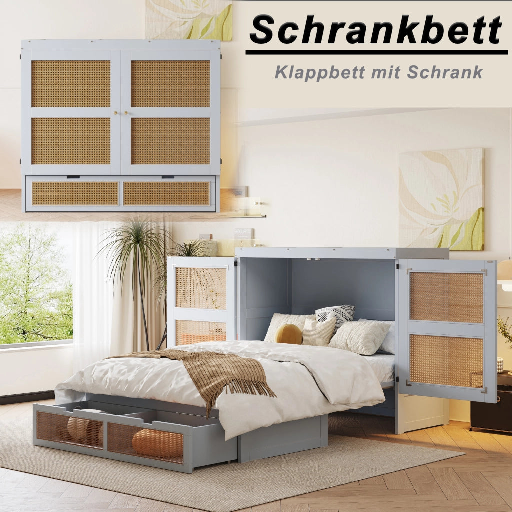 LETTO a scomparsa 140x200 cm in legno grigio con design rattan e cassetti