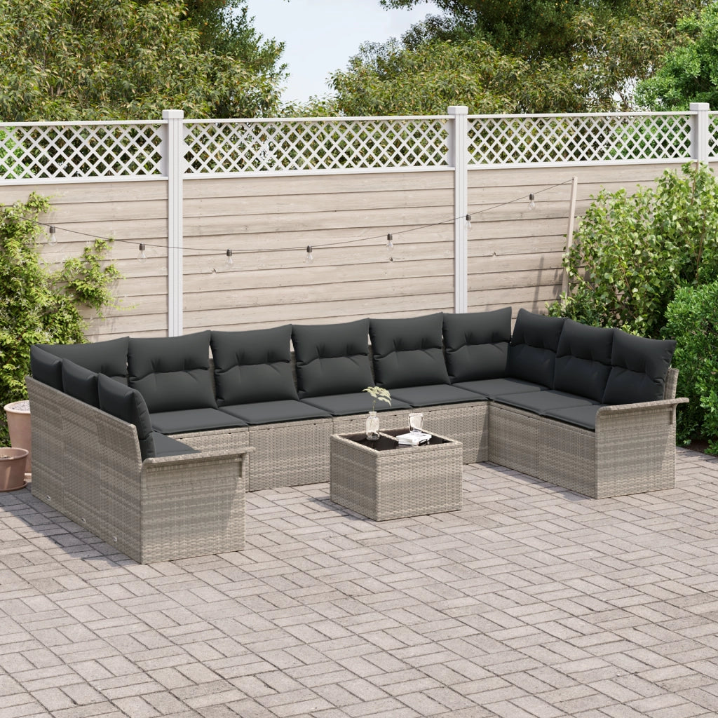 Set di Divano da Giardino da 11 Pezzi con Cuscini Grigio Rattan Polimerico