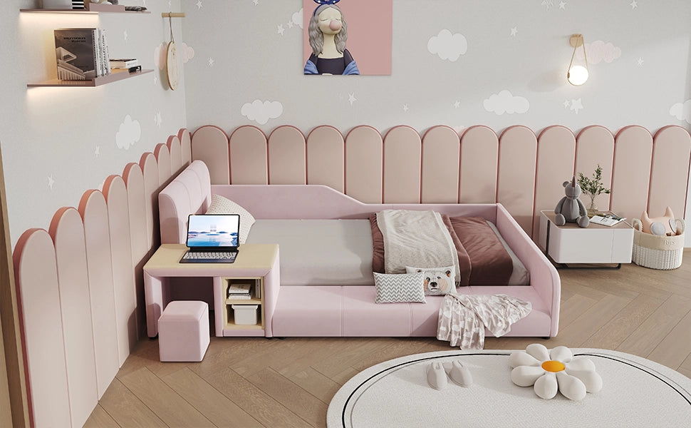 DESMIU Letto bambino 90 × 200 cm con scrivania, sgabello e ripiano, senza materasso, in velluto rosa