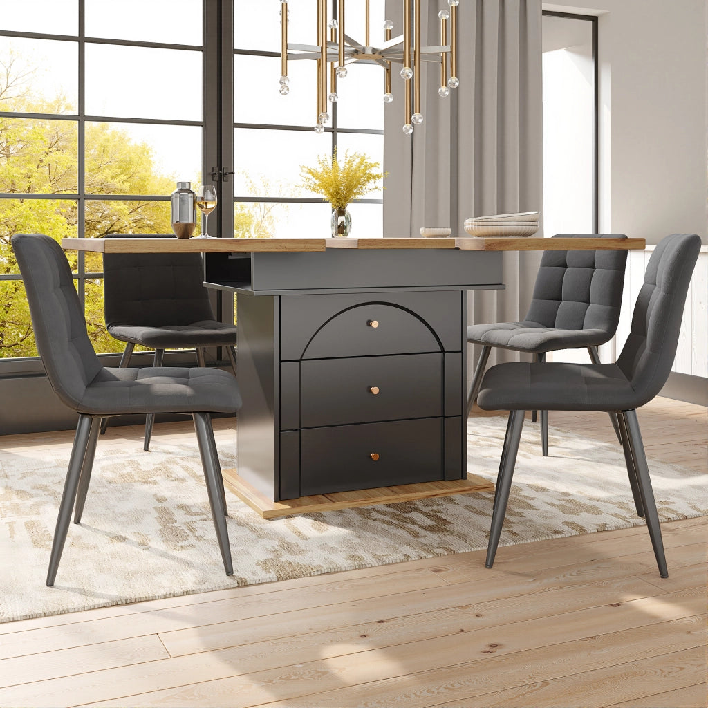 Tavolo allungabile con vano contenitore, piano estensibile e chiusura magnetica soft-close, per cucina e soggiorno, nero naturale, 110 × 80 × 75 cm
