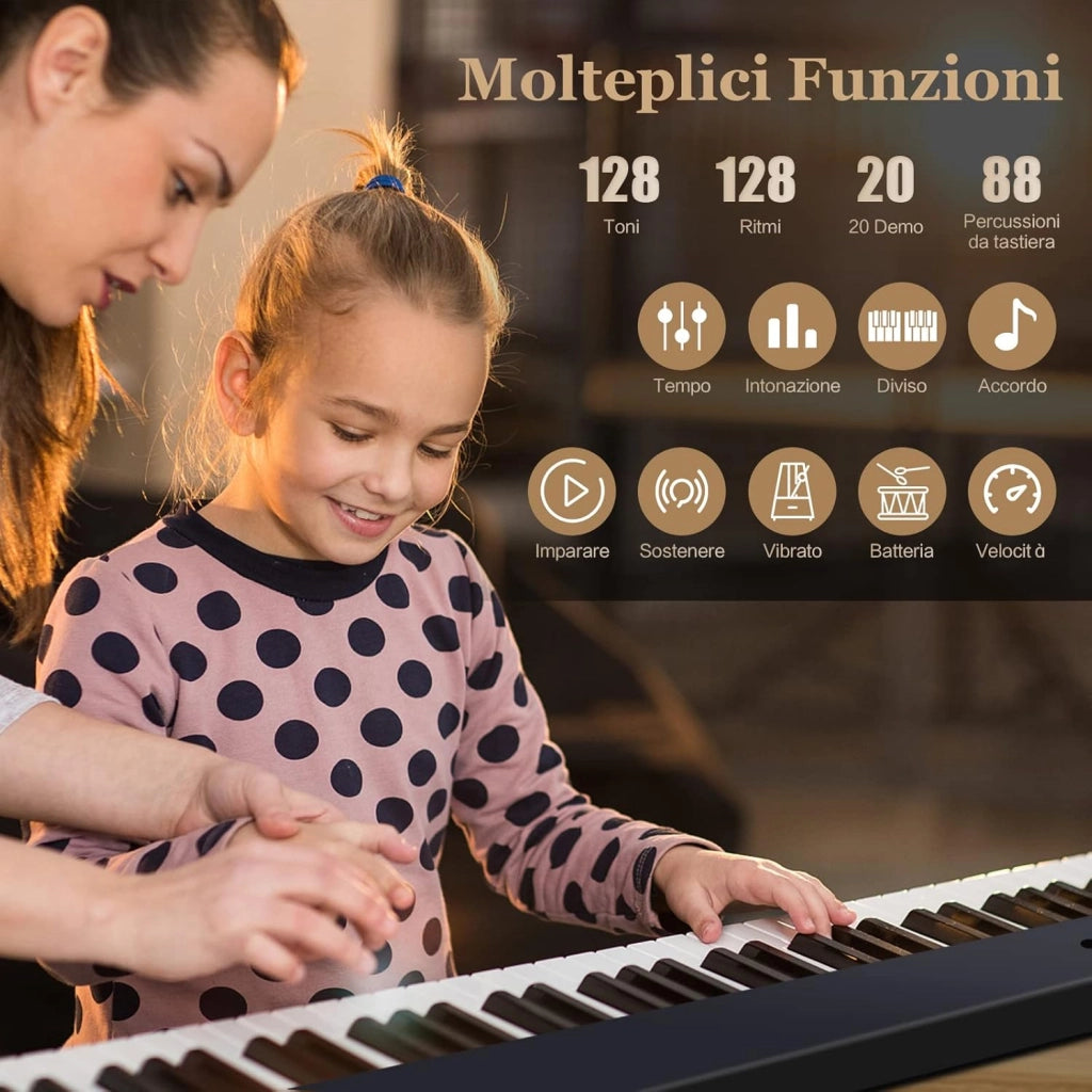 Tastiera Elettronica 88 Tasti Illuminati, Pianoforte Digitale Pieghevole Portatile con Custodia, Sustain Pedali, Modalità di Insegnamento, MP3/USB/MIDI/Bluetooth (Nero)