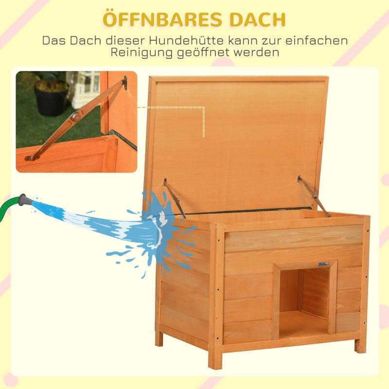 Casetta da giardino per cani in legno stile baita con tetto protettivo e fondo rialzato gialla 82 × 58 × 58 cm