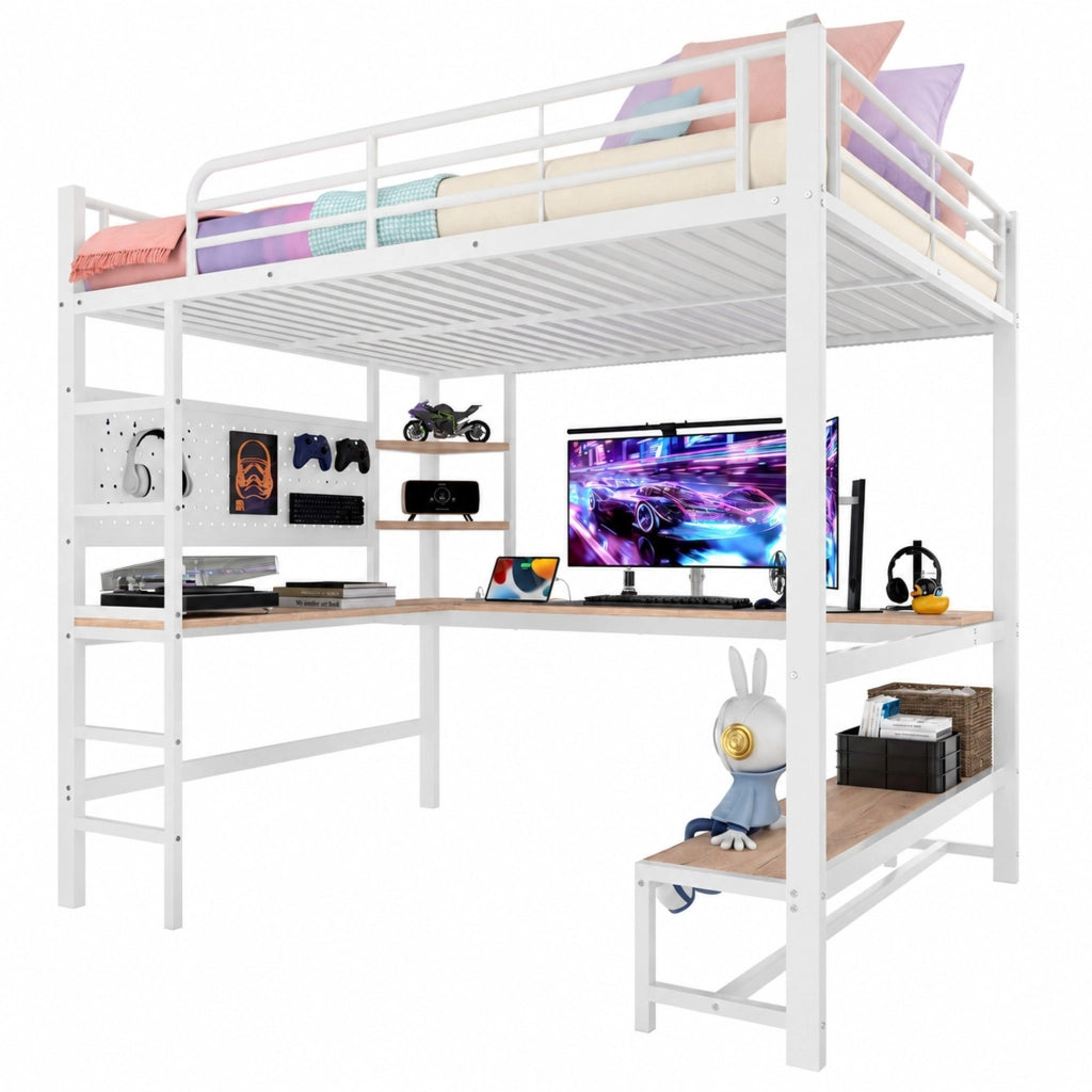 Letto a soppalco 140x200 cm bianco con scrivania, LED, USB-C e ripiani