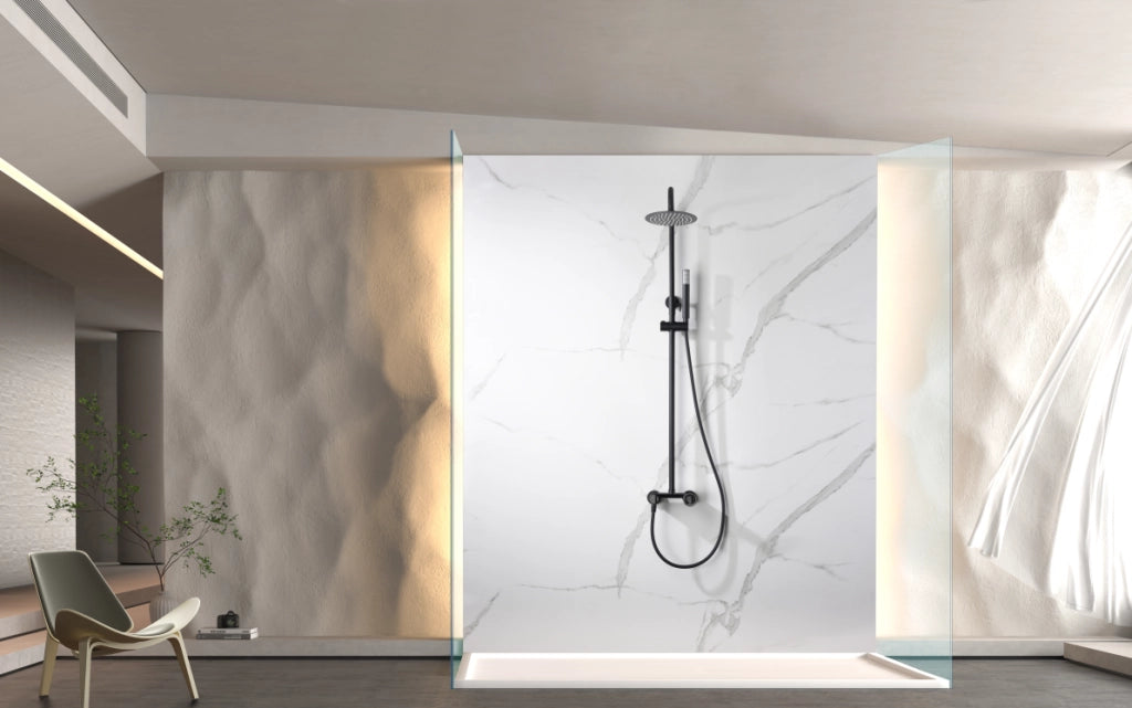 IMEX Set doccia monocomando nero opaco in acciaio inox e ottone asta estensibile soffione Ø20 cm extra piatto anticalcare cartuccia ceramica Ø35 mm tubo 15 m supporto regolabile - Imex-BDC033-NG