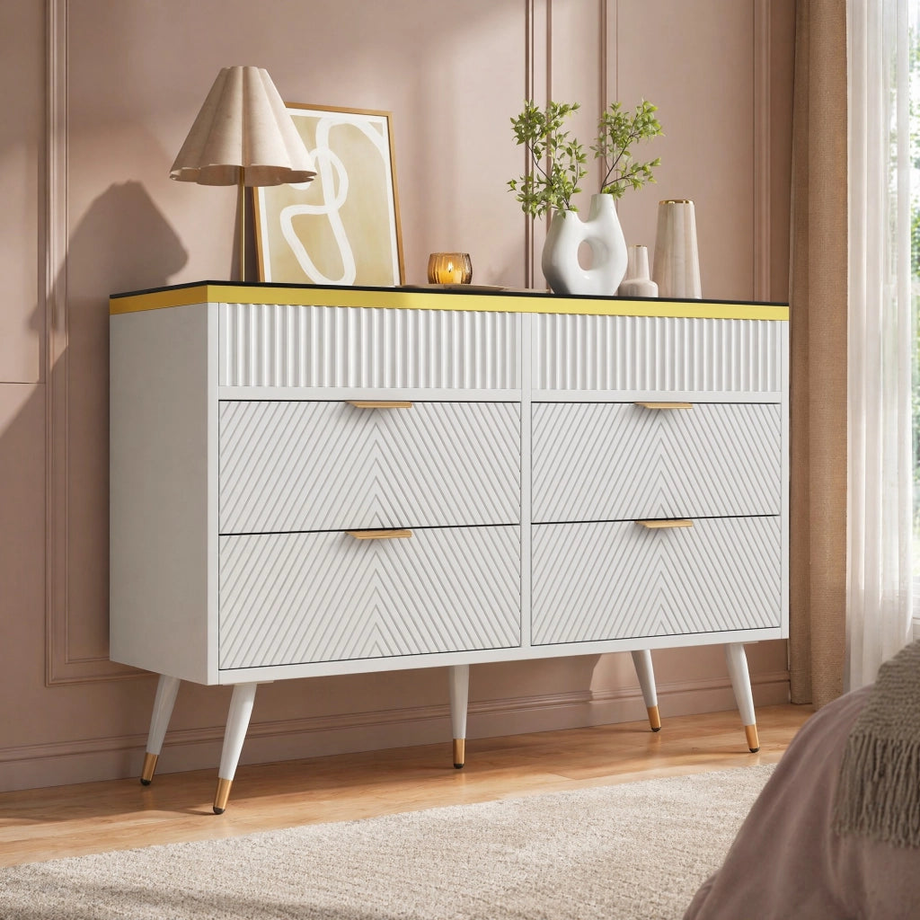 Cassettiera bianca 120 cm con 6 cassetti e vetro marrone
