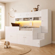 Letto per bambini 90x200 cm con contenitore; scala e LED; legno; bianco