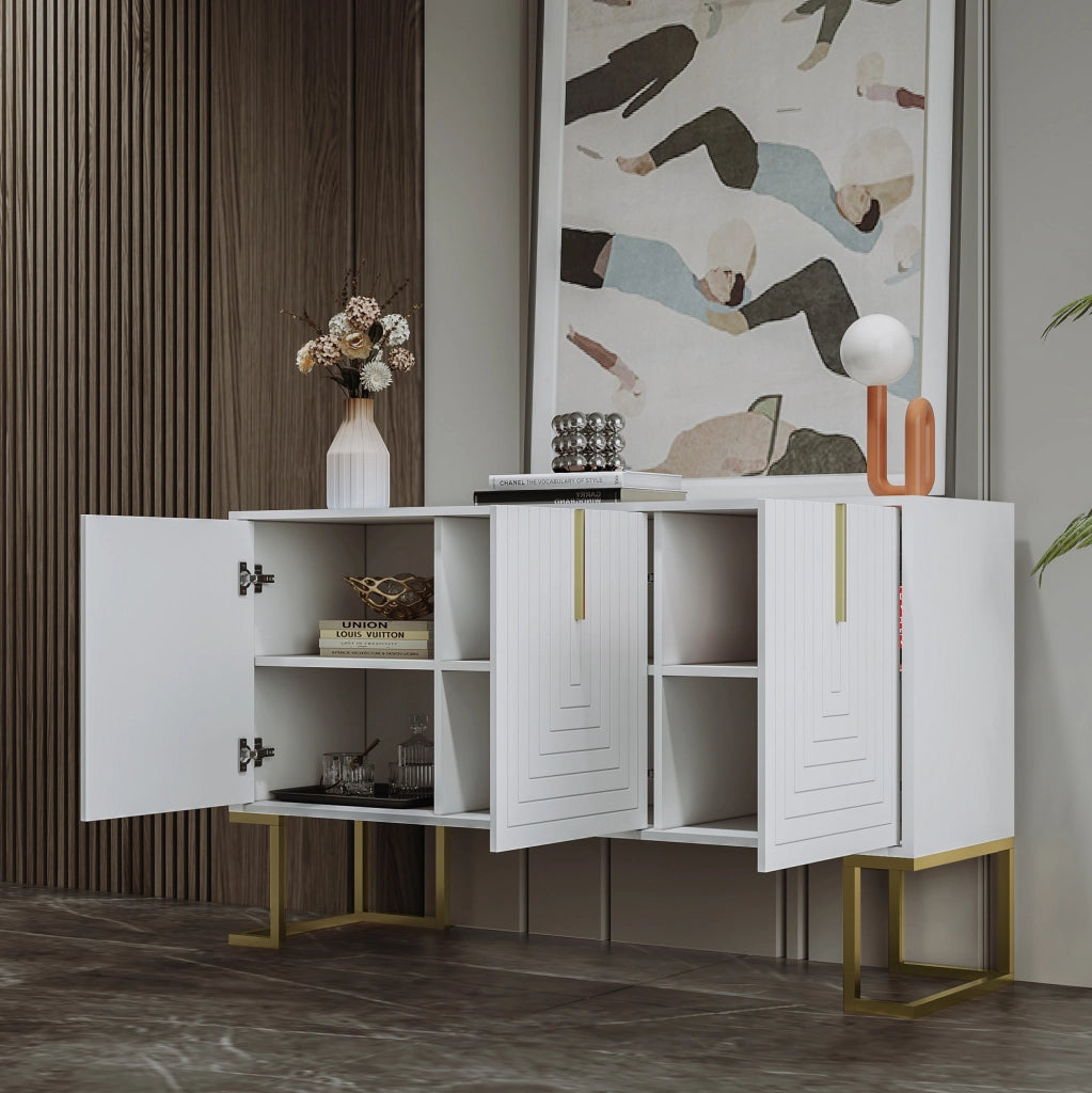 Sideboard moderno con 3 ante, ripiani regolabili, maniglie in metallo e base a U, bianco