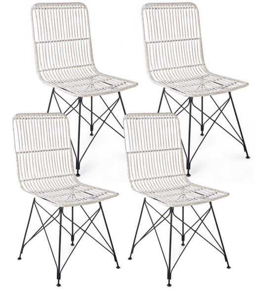 Set 4 Sedie 45x55x85 cm Metal Rattan in Fibre Naturali Bianco
