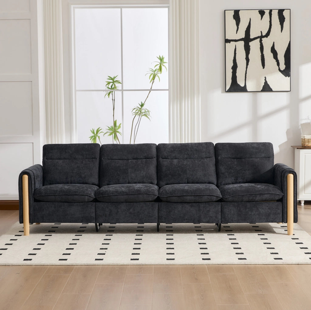 Divano modulare a U a 4 posti con 2 pouf contenitore; in chenille nero; 261 x 77 x 86 cm
