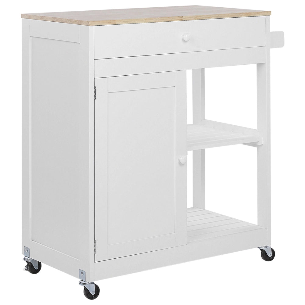 Carrello da cucina MDF bianco legno di gomma 75 x 43 x 87 cm armadio porta asciugamani 2 ripiani posate cassetto ruote