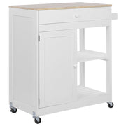 Carrello da cucina MDF bianco legno di gomma 75 x 43 x 87 cm armadio porta asciugamani 2 ripiani posate cassetto ruote
