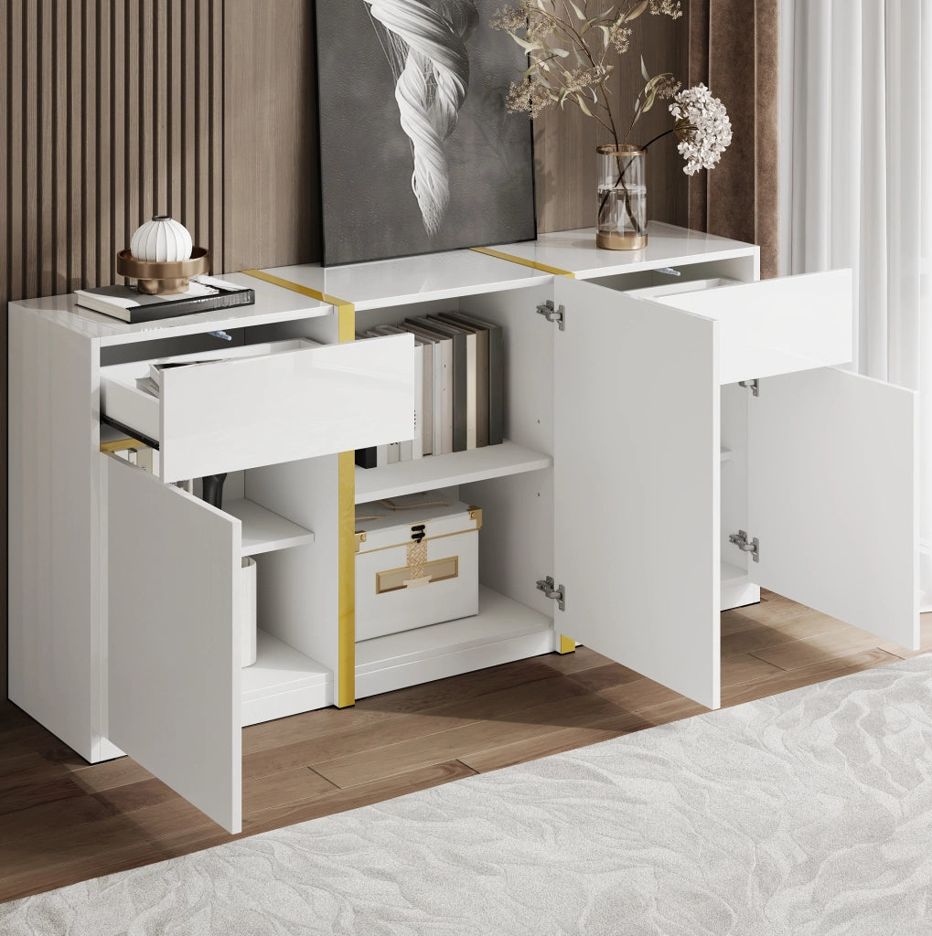 Sideboard bianco lucido 160x40x78 cm con 3 ante e 2 cassetti; MDF e pannello truciolare