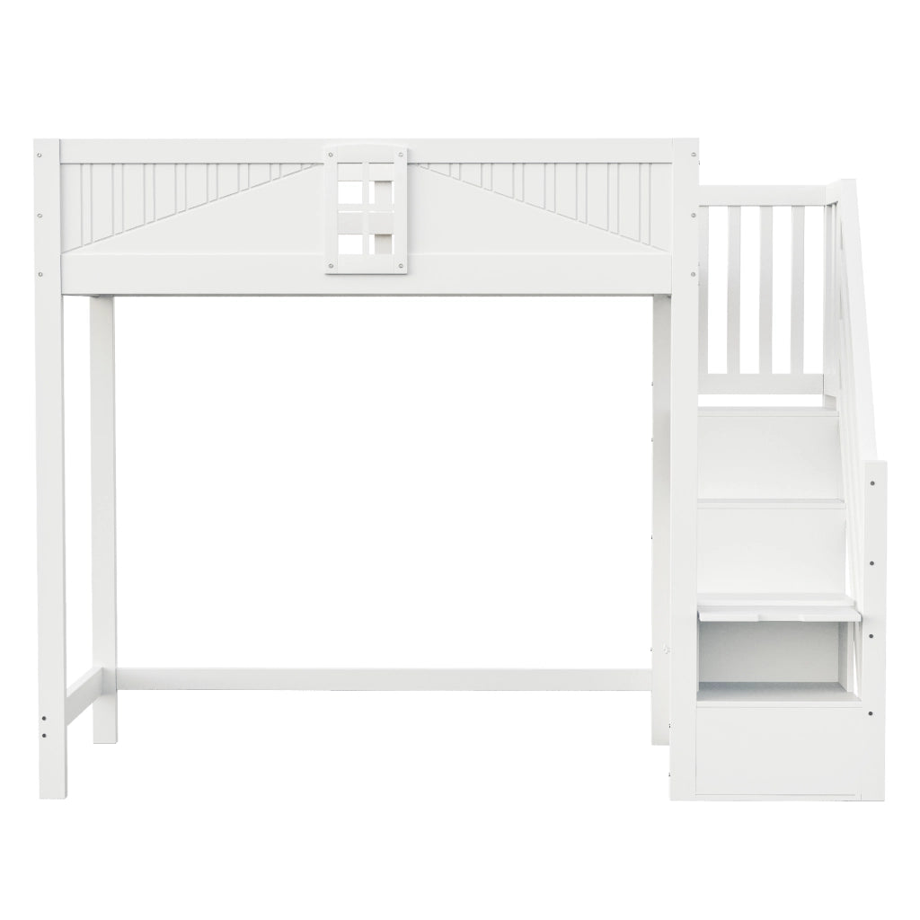 Letto a soppalco 90×200 cm con scala laterale; ripiani e barriera di sicurezza; senza materasso; legno massello; bianco
