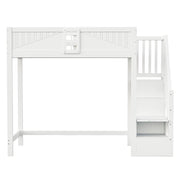 Letto a soppalco 90×200 cm con scala laterale; ripiani e barriera di sicurezza; senza materasso; legno massello; bianco