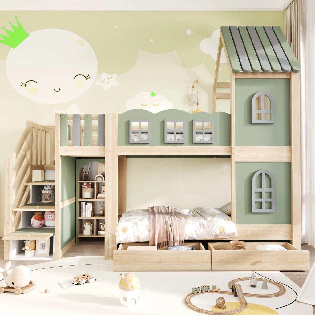 Letto a castello per bambini 90x200 cm in legno; verde/grigio/naturale; con scale contenitore e cassetti
