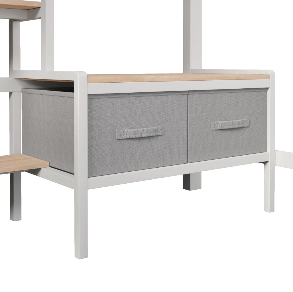 Letto a soppalco 90x200 cm con scrivania; ripiani; cassetti in tessuto; LED e USB; bianco