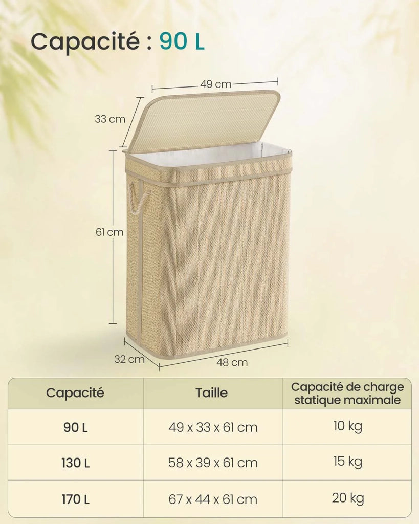 Cesto portabiancheria in bambù cesto per biancheria sporca da 90 litri sacco rimovibile e lavabile in lavatrice coperchio manici lavanderia camera da letto soggiorno beige 12_0006715