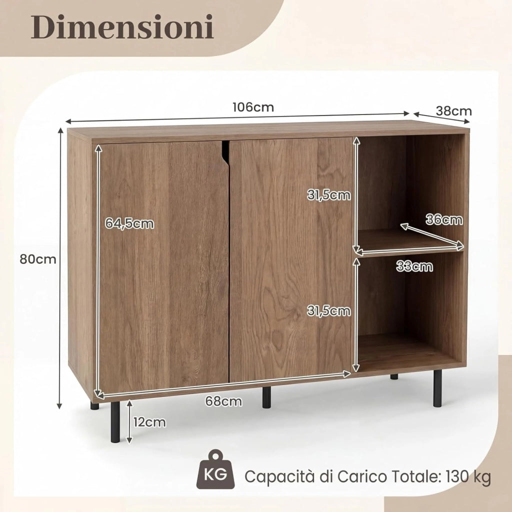 Credenza Cucina e Buffet in Legno, Mobile Dispensa con 2 Ante, 2 Scomparti Aperti a Ripiani Regolabili e Gambe in Metallo, per Sala da Pranzo, 106 x 38 x 80 cm (Nero) (Naturale)