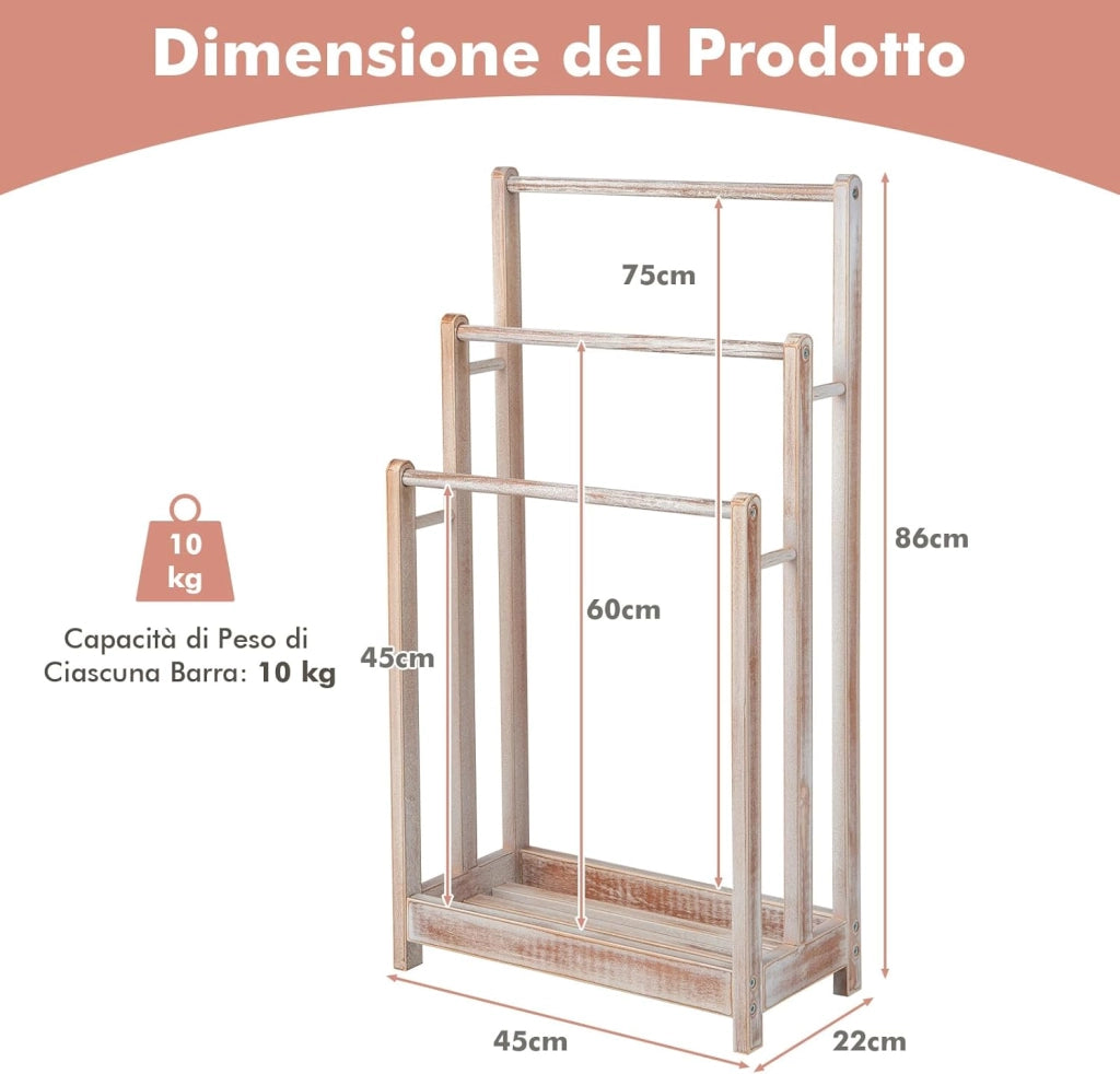 Portasciugamani in Legno da Terra, Porta Asciugamani a 3 Livelli con Mensola Inferiore, Dispositivo Anti-Ribaltamento, Supporto Leggero per Asciugamani da Bagno e Stanza Lavanderia (Bianco)