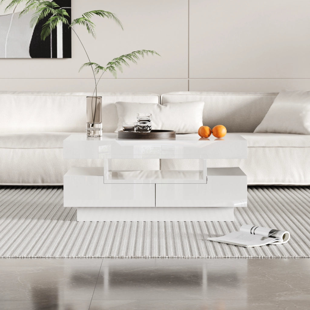 Tavolino da caffè con 4 Cassetti e 3 Vani Aperti; Striscia LED; Bianco Lucido; Stile Moderno; in Pannello truciolare; 80×50×36 cm