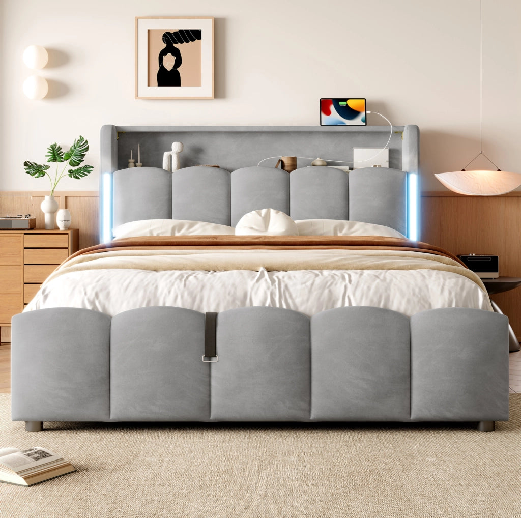 Letto imbottito 140x200 cm in velluto grigio con LED e USB