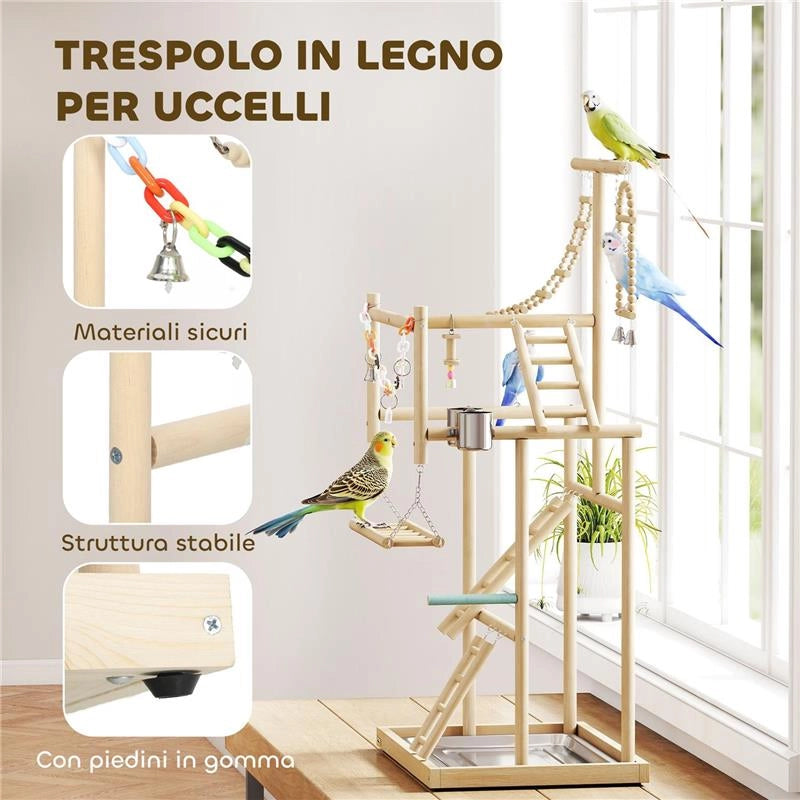 TRESPOLO PER PAPPAGALLI CON GIOCHI, SCALE, CATENE, CIOTOLE, VASSOIO RIMOVIBILE E POSATOI, LEGNO NATURALE