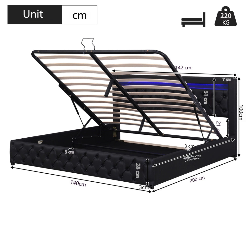 Letto matrimoniale 140x190 cm imbottito con contenitore; LED; rete a doghe; PU nero
