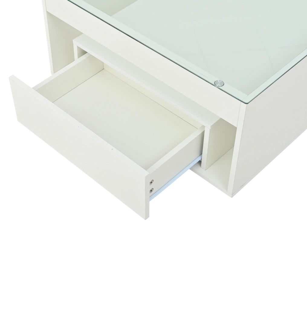 Tavolino da caffè 70x70x35 cm; con LED e piano in vetro temperato; MDF bianco