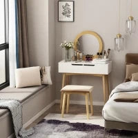 Toeletta Design Scandinavo con Specchio, 2 Cassetti e Sgabello, Bianco e Pino Chiaro
