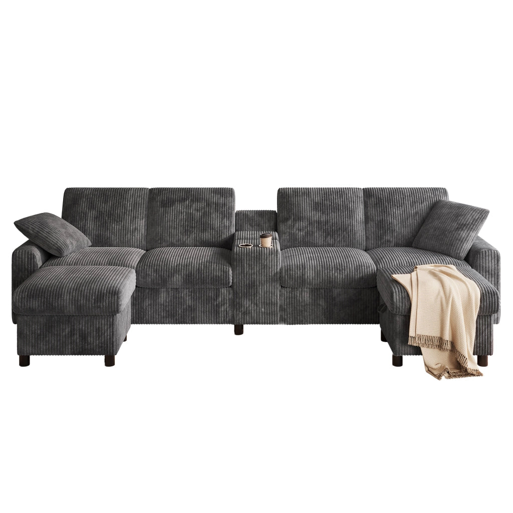 Divano U angolare in velluto a coste ¨C MINIMAL ¨C grigio, con pouf contenitore, tavolino, portabicchieri, USB e prese, 315x135x81 cm