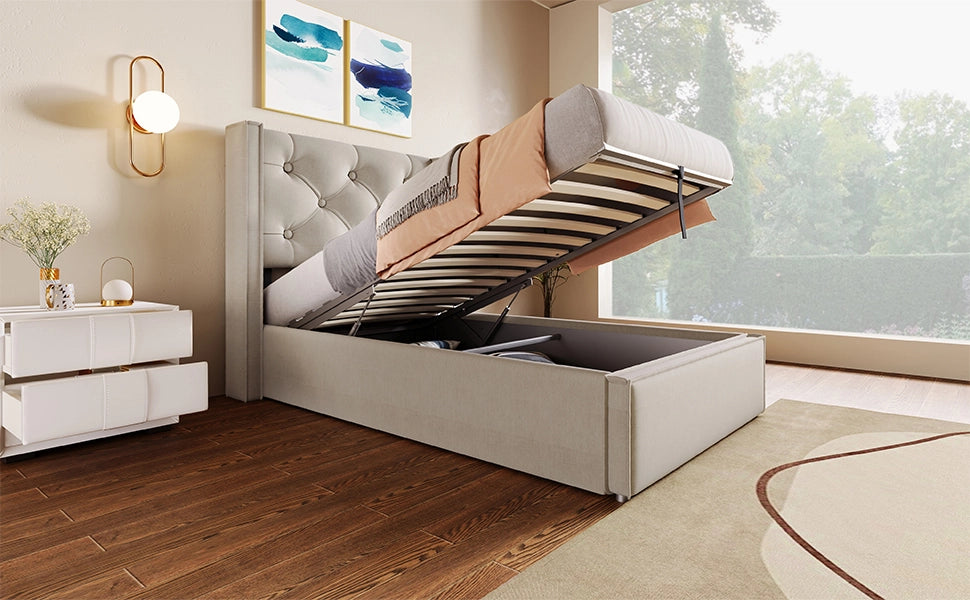 DESMIU Letto contenitore 1 posto con apertura idraulica, 90 × 200 cm, senza materasso, cotone grigio chiaro