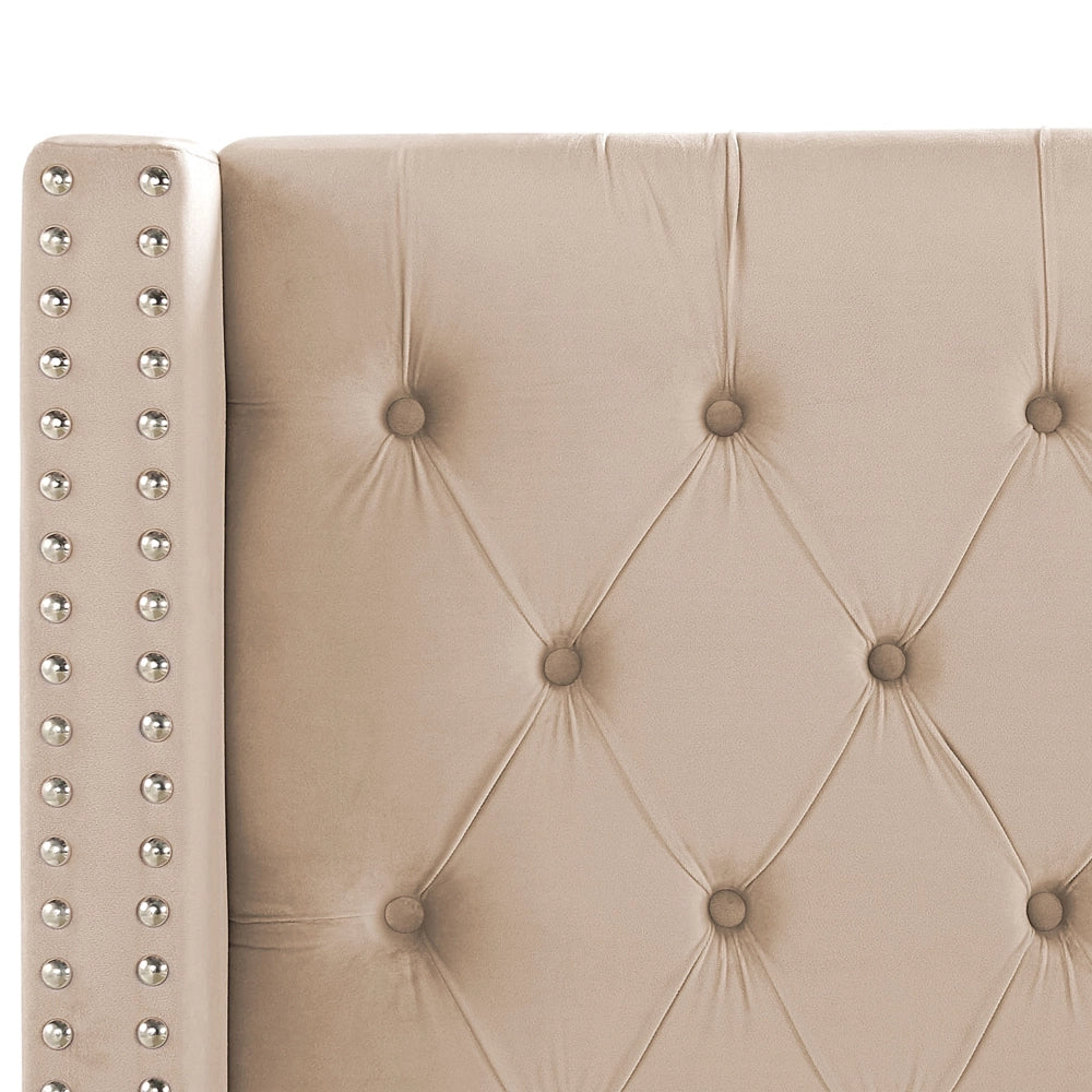 Letto a doghe Velluto beige imbottito Poggiatesta trapuntato borchie 180 x 200 cm Glam Design