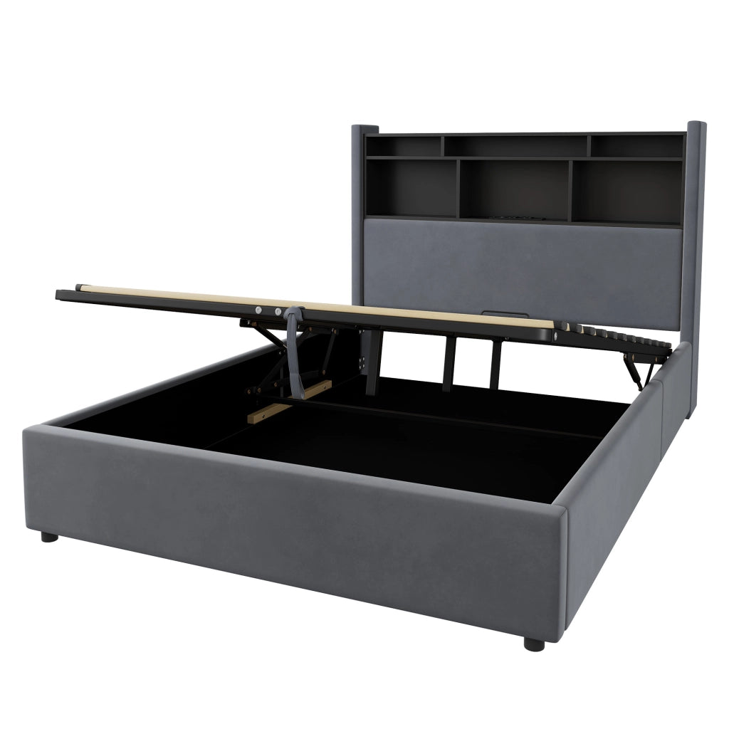 Letto matrimoniale contenitore imbottito grigio scuro 140x200 cm con LED e ricarica USB