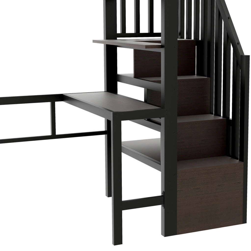 Letto a soppalco 90x200 cm con scrivania, ripiani e LED, struttura in metallo