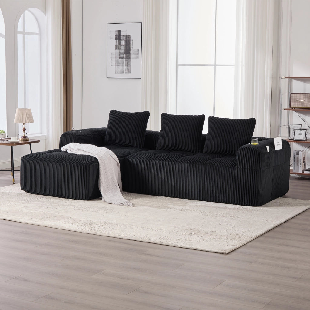 Divano modulare in corduroy con tasche laterali e portabicchieri, cuscini inclusi per soggiorno e studio, nero