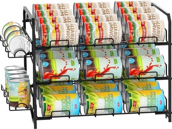 Rack per contenitori, organizzatore per armadi cucina, scaffalatura per lavoro o ripostigli, 3 livelli, dispensatore per contenitori con pannelli laterali, capacità di 42 contenitori, nero
