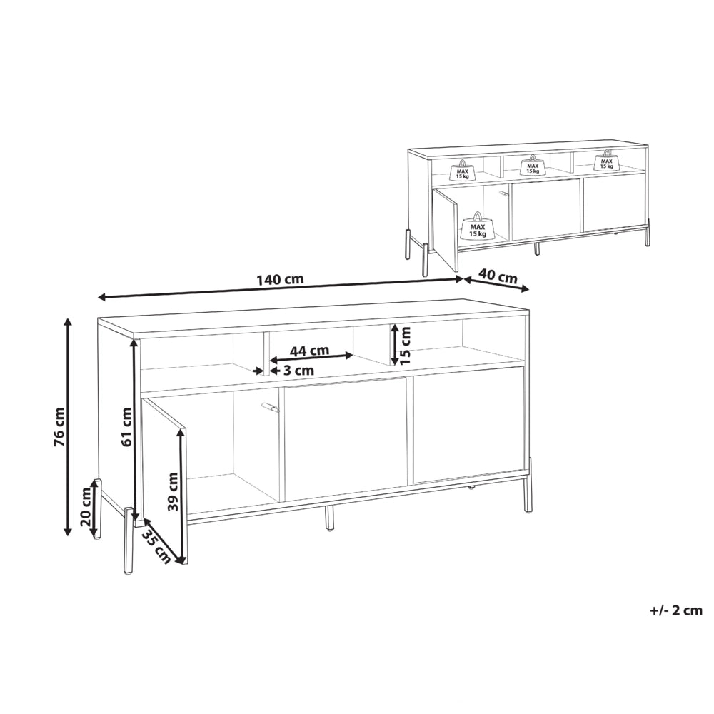 Credenza a 3 ante in legno chiaro e MDF grigio con finitura in carta 3 ante aperte