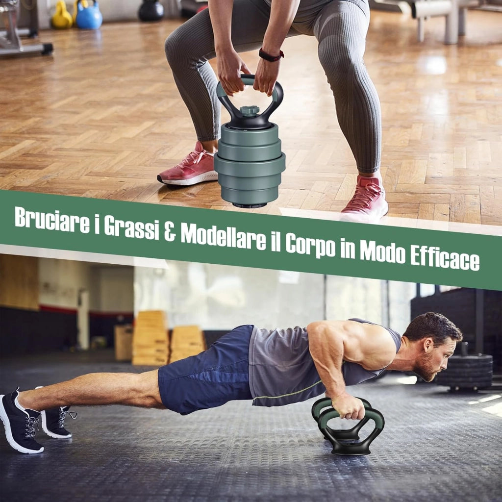 Set di Manubri Regolabili, Set di Pesi Liberi con Connettore, Attrezzi da Palestra Domestica 4 in 1 Include Bilanciere, Manubri, Kettlebell & Supporto per Flessioni per Donne e Uomini