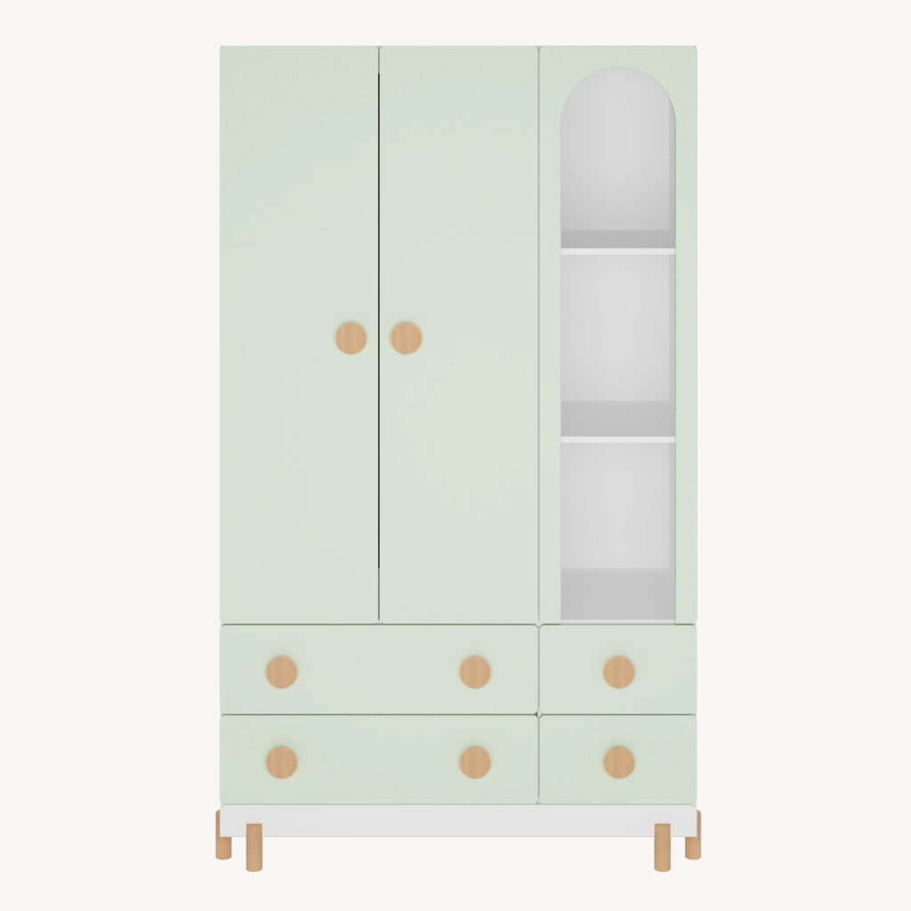 Armadio per Cameretta Vaarentaa a 2 Ante con 4 Cassetti e 3 Vani Aperti 156x90x41 cm - Bianco/Verde Menta [en.casa]