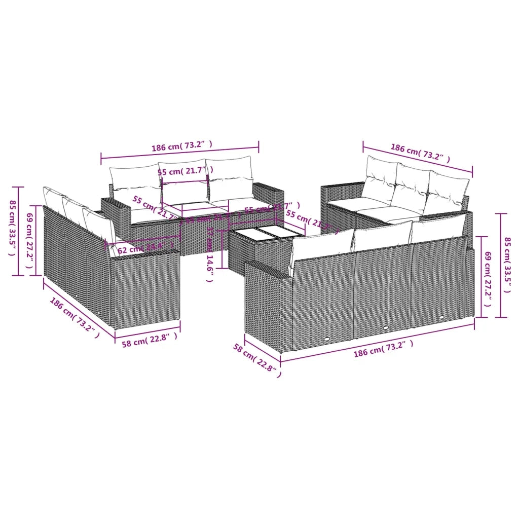Set Divano da Giardino 13 pz con Cuscini Beige in Polyrattan 3251115
