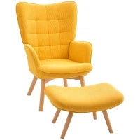 Poltrona di Design con Pouf, Poltrona Relax in Corda, Poltroncina con Braccioli in Legno, per Soggiorno, Arancione