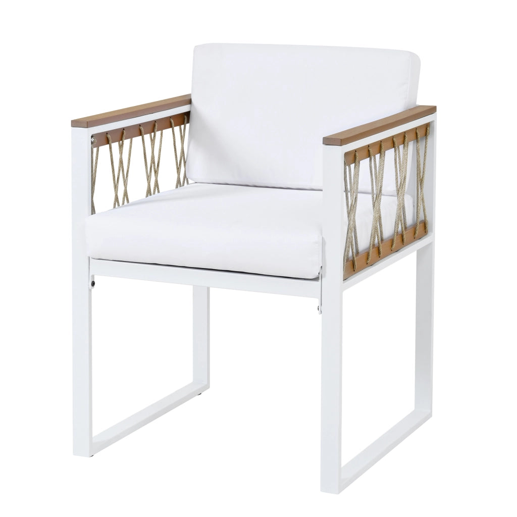 Set da pranzo per esterni da 6 posti con tavolo quadrato, 4 sedie e 2 pouf, struttura in acciaio, nero e bianco