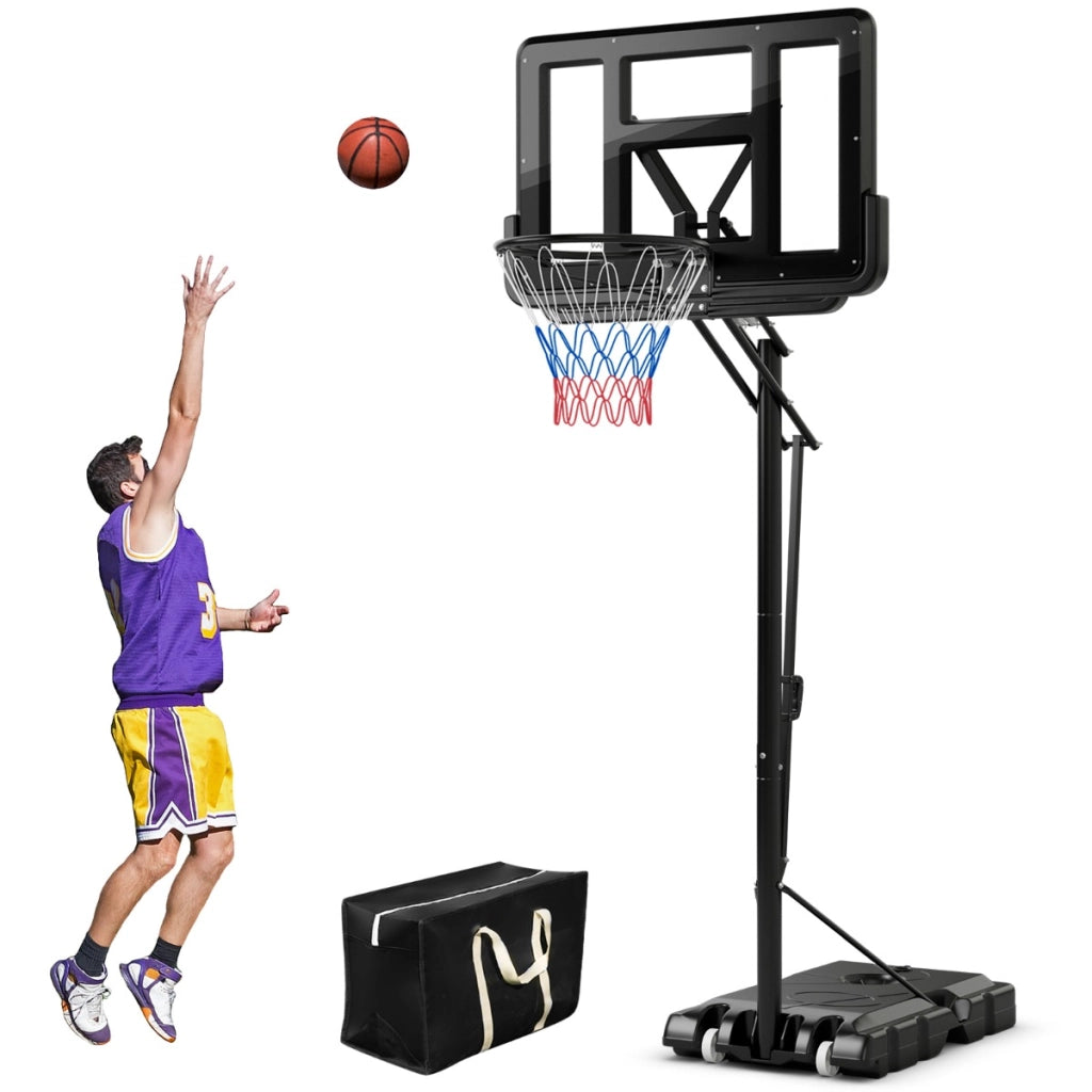 Canestro portatile con altezza regolabile a 5 livelli base riempibile 2 ruote, Sistema supporto per pallacanestro