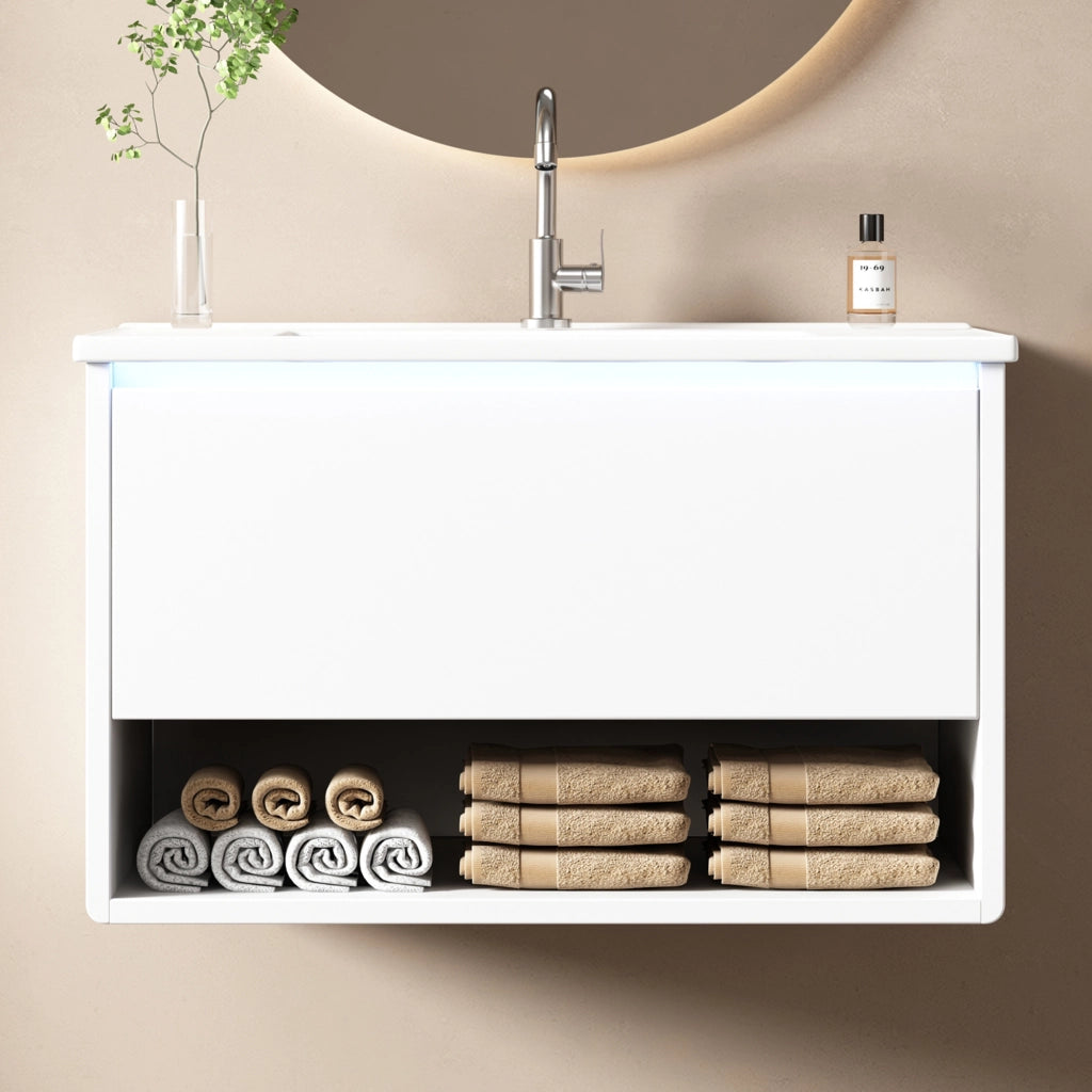 Mobile sottolavabo con LED, 1 cassetto e vano aperto, lavandino in ceramica, per bagno, bianco, 76.5 × 46 × 45 cm