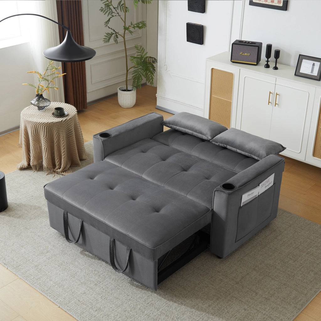 DIVANO LETTO 137x76,5x83 cm in velluto grigio con portabicchieri e cuscini