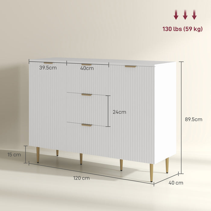 Credenza Moderna 120x40x89,5 cm con 3 Cassetti e 2 Armadietti in Legno e Metallo Bianco