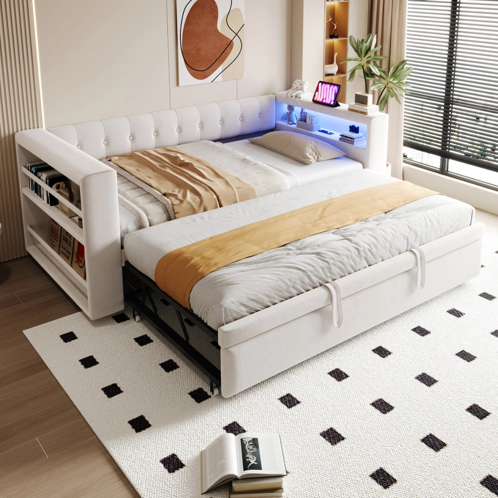 DESMIU Divano letto 90/180 × 190 cm 2 posti con LED, prese e vani portaoggetti, senza materasso, beige