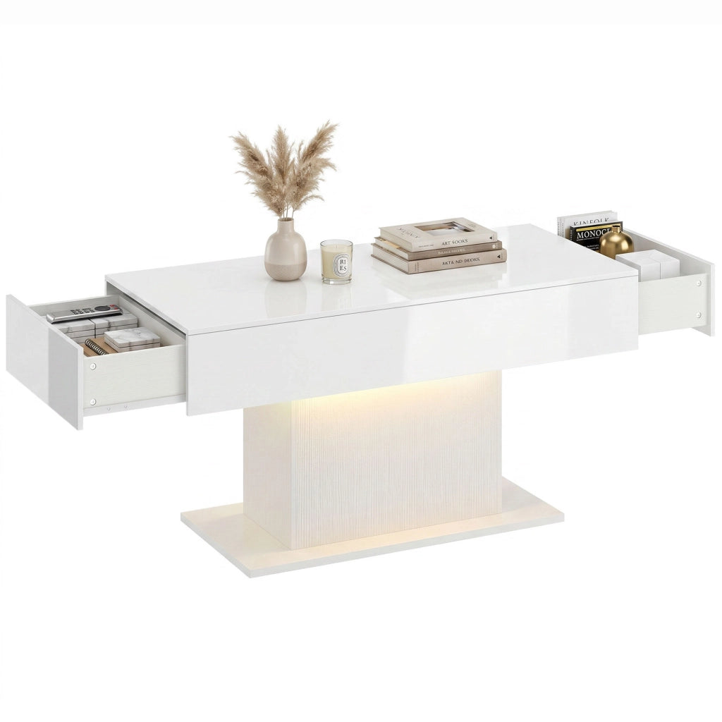 Tavolino da salotto con LED, Stoccaggio, 2 Cassetti, Telecomando ¨C Minimal ¨C Bianco